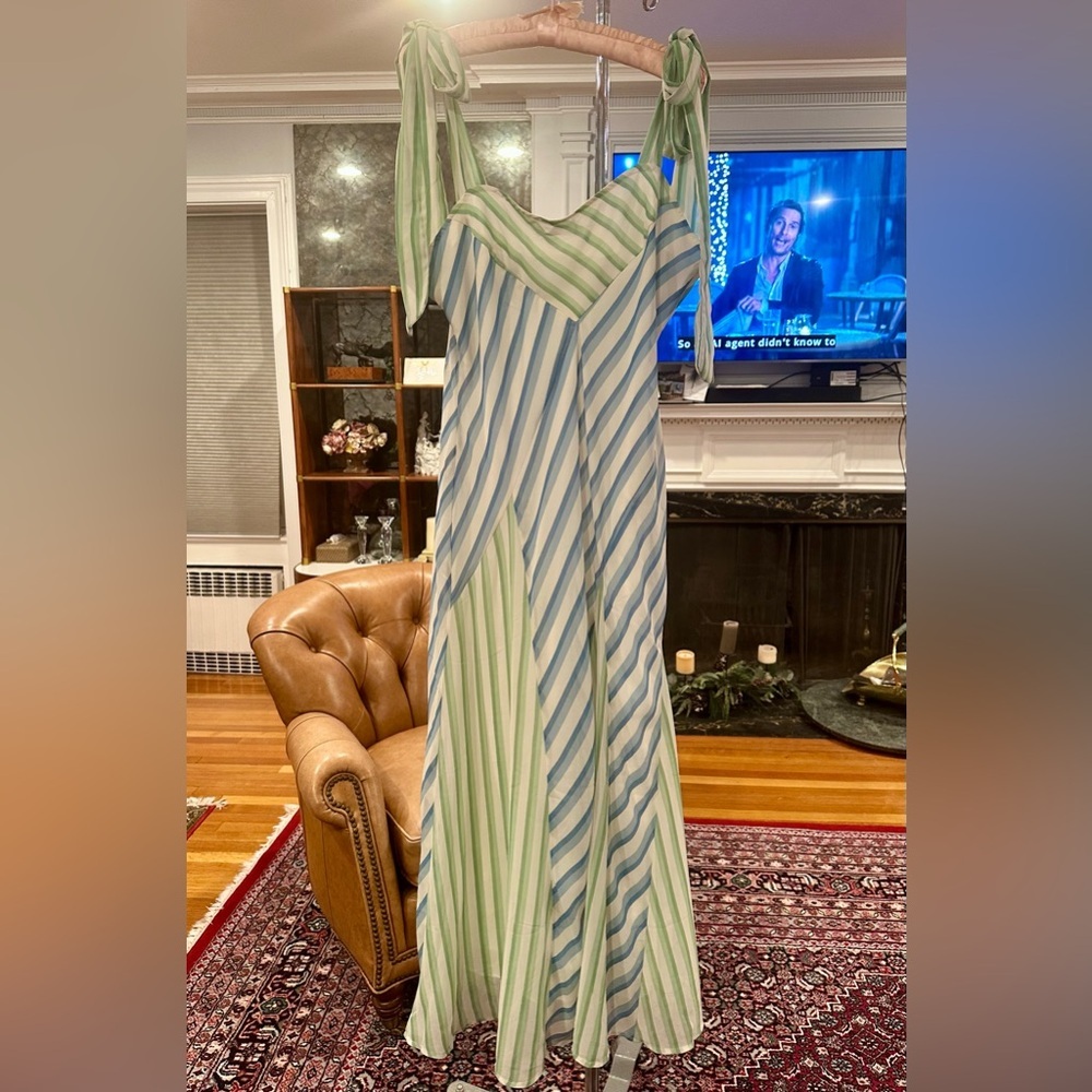 Seamed midi dress with godets in mixed green blue colorful stripe tie straps